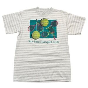 Vintage 90s Sea Pines Racquet Ball Club Tennis Sports Striped Graphic T-shirt